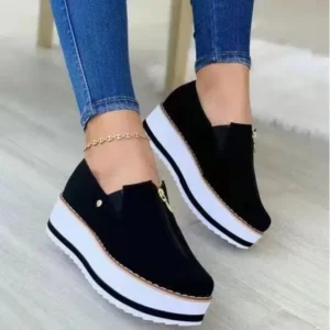 Petdrik Women Fashion Retro Platform Mid Top Solid Color Sneakers