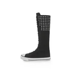 Petdrik Women Fashion Rivet Decor Side Zipper Canvas High Boots