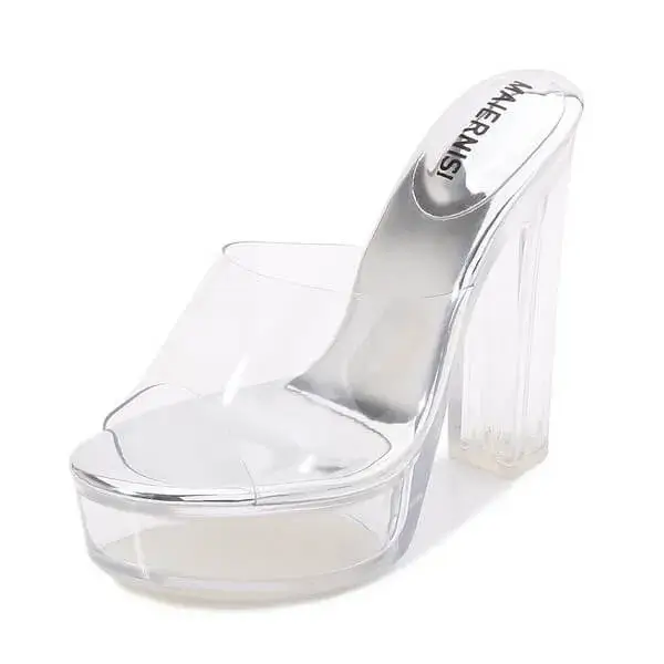 Petdrik Women Fashion Plus Size Transparent Crystal Chunky Heel Platform High