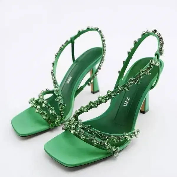 Petdrik Women Fashion Plus Size Sexy Rhinestone Strap Square Toe Heeled Sandals