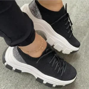 Petdrik Wedge Heel Flying Woven Colorblock Lace-Up Sneakers Large Size Casual Low Top Women Shoes