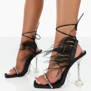 Petdrik Women Fashion Sexy Rhinestone Feather Decorative Solid Color High Heel Sandals Shoes