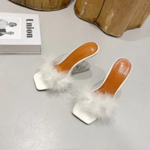 Petdrik Women Fashion Sexy Feather Decoration Solid Color Chunky High Heel Slippers Shoes