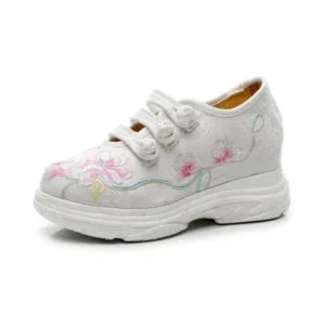 Petdrik Women Casual Flower Embroidered Round Toe Platform Canvas Sneakers