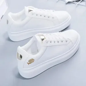 Petdrik Women Casual Fashion Rose Embroidery Thick-Soled Comfortable PU Leather White Sneakers