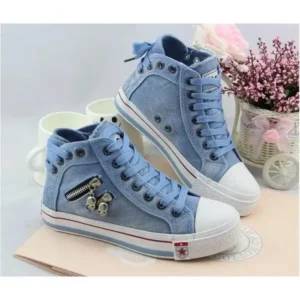 Petdrik Women Casual Spring Zipper Decor Lace-Up High Top Denim Canvas Sneakers