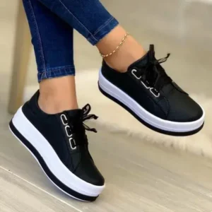 Petdrik Women Casual Round Toe Lace-Up Block Color Platform Shoes PU Sneakers