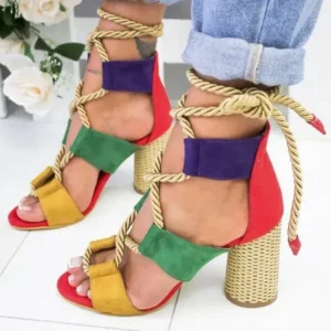 Petdrik Women Fashion Sexy Cross Hollow Lace Up Design Color Blocking High Heel Sandals Shoes