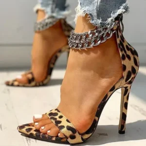 Petdrik Women Sexy Metal Chain Buckle Ankle Strap Animal Printed High Heels