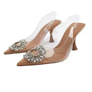 Petdrik Summer Women Fashion Plus Size Pointed Toe Rhinestone Transparent Heeled Sandals