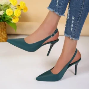 Petdrik Summer Women Fashion Plus Size Elegant Pointed Toe Strap Buckle Sling Back Stiletto Heel PU Sandals