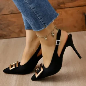 Petdrik Summer Women Fashion Casual Plus Size Solid Color Pointed Toe Metal Buckle Sling Back High Heel Sandals