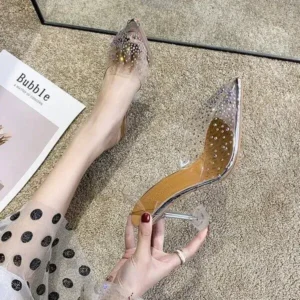 Petdrik Women Fashion Sexy Rhinestone Decorative Pointed Toe Transparent High Heel Sandals