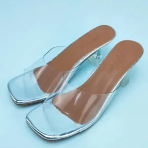 Petdrik Women Fashion Casual Square Toe Transparent Design Mid Heel Slippers