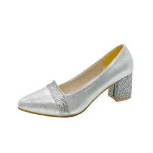 Petdrik Women Fashion Casual Sequins Pointed Toe Pumps With Chunky Heels