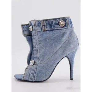 Petdrik Women Fashion High Heel Denim Button High Top Boots