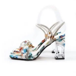 Petdrik Women Fashion Sexy PU Rhinestone Floral Printed Square Toe Chunky Heel ?Sandals