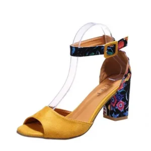 Petdrik Women Fashion Sexy PU Floral Printed Peep Toe Chunky Heel Ankle Strap Buckle Sandals