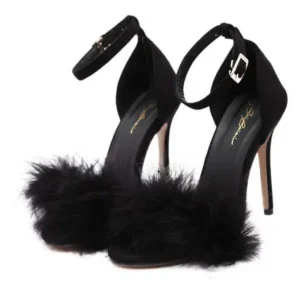 Petdrik Women Fashion Sexy PU Solid Color Feather Peep Toe Stiletto Heel Ankle Strap Buckle Sandals