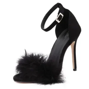 Petdrik Women Fashion Sexy Solid Color Feather Peep Toe Stiletto Heel Ankle Strap Buckle Sandals