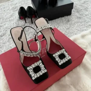 Petdrik Women Fashion Elegant PU Square Toe Rhinestone Stiletto Heel Ankle Strap Buckle Sandals