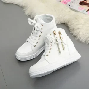 Petdrik Women Fashion Solid Color Side Zipper Lace-Up Round Head Thick-Soled Sneakers