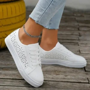 Petdrik Women Fashion Solid Color Plus Size Hollow Lace-Up Round-Toe Sneakers