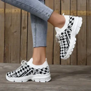 Petdrik Summer Women Fashion Casual Geometric Print Fly-Woven Lace-Up Sneakers