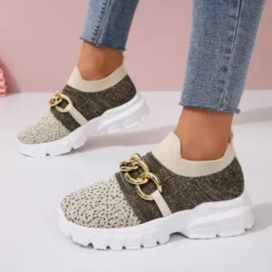 Petdrik Women Fashion Color Block Metal Chain Thick-Soled Breathable Fly-Woven Sneakers