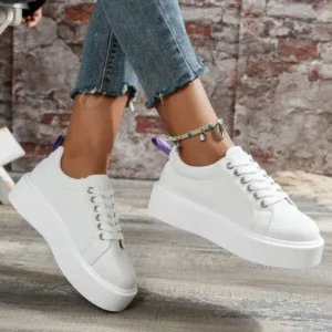 Petdrik Women Fashion Solid Color Round-Toe Lace-Up Thick-Soled Sneakers