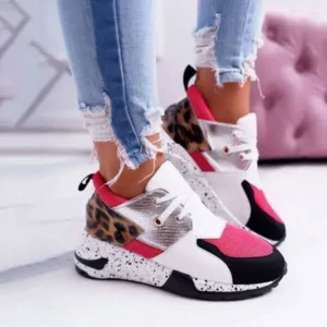 Petdrik Women Casual Leopard Printed Patchwork Lace Up Sneakers