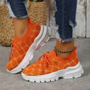 Petdrik Women Fashion Plus Size Casual Flying Woven Lace-Up Round Toe Sneakers