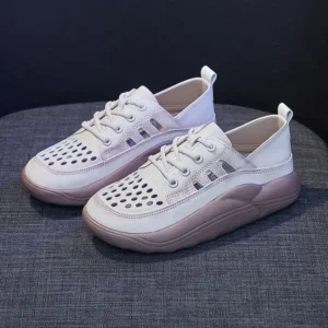 Petdrik Women Fashion Casual Solid Color PU Lace-Up Hollow Breathable Sneakers