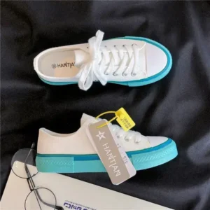 Petdrik Women Fashion Cream Blue Canvas Lace-Up Sneakers