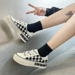 Petdrik Women Fashion Platform Checkerboard Canvas Sneakers