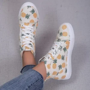 Petdrik Women Fashion Round Toe Lace-Up Pineapple Strawberry Flat Sneakers