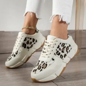 Petdrik Women Fashion Round Toe Stitching Lace Up Low Top Leopard Sports Sneakers